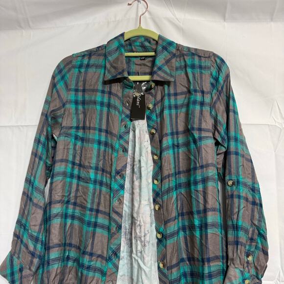 Tolani Collection Teal Gray Plaid Niecy Button Down Sz XXSP NWT - Picture 4 of 15